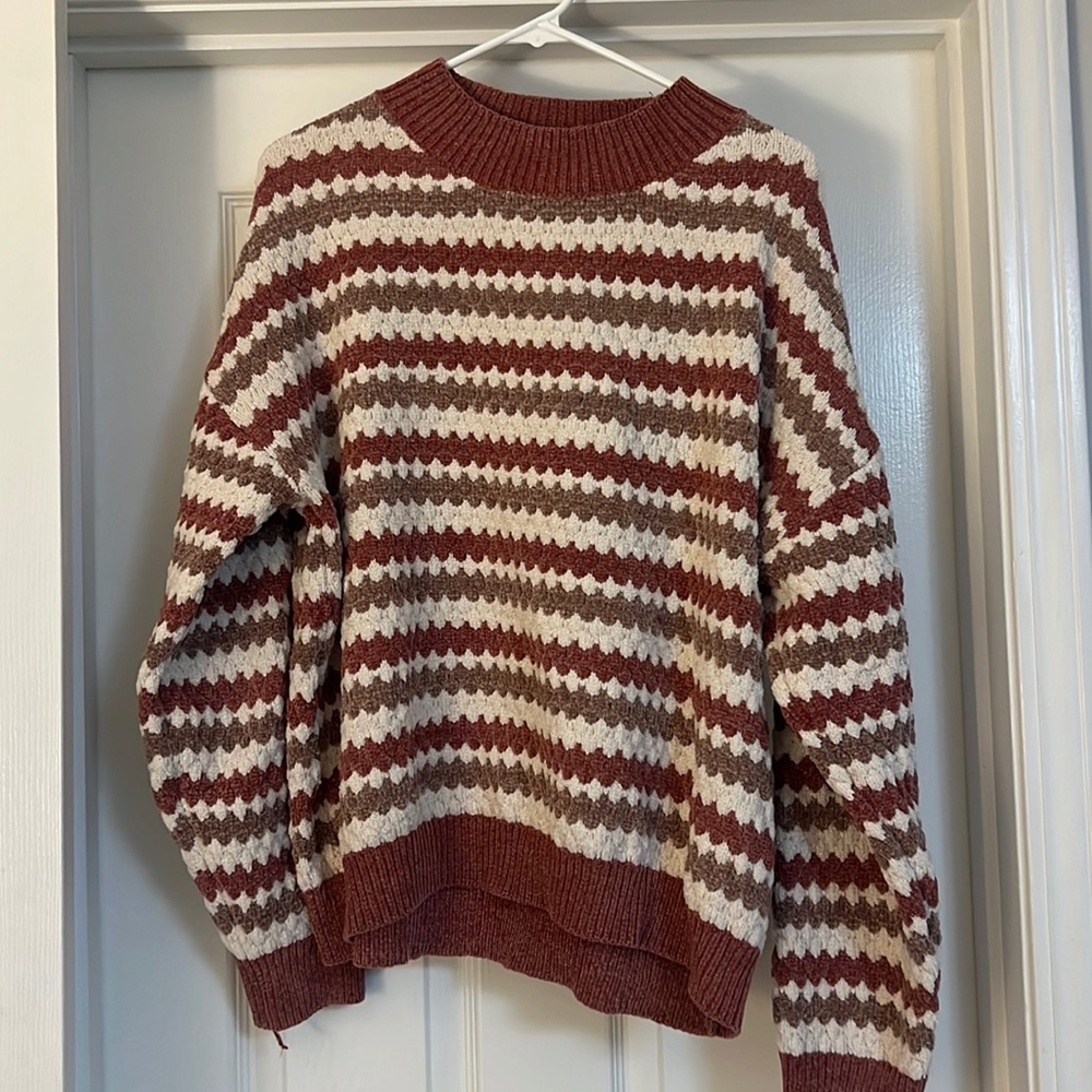 Line + dot chenille striped sweater in earth tones, size L